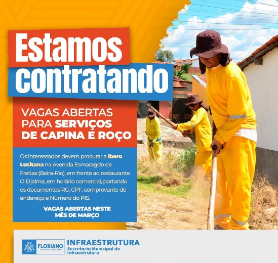 Prefeitura de Floriano abre vagas para serviços de capina e roço