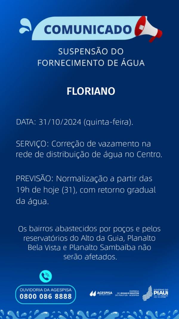 Agespisa anuncia interrupção do abastecimento de água em Floriano para manutenção no Centro