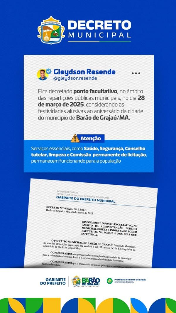 Prefeito Gleydson Resende decreta ponto facultativo e anuncia inaugura&ccedil;&otilde;es em Bar&atilde;o de Graja&uacute;(Imagem:Divulga&ccedil;&atilde;o)