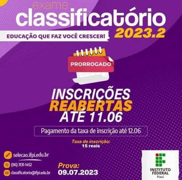 Campus Floriano: Inscrições para o Exame Classificatório 2023.2 do IFPI são prorrogadas