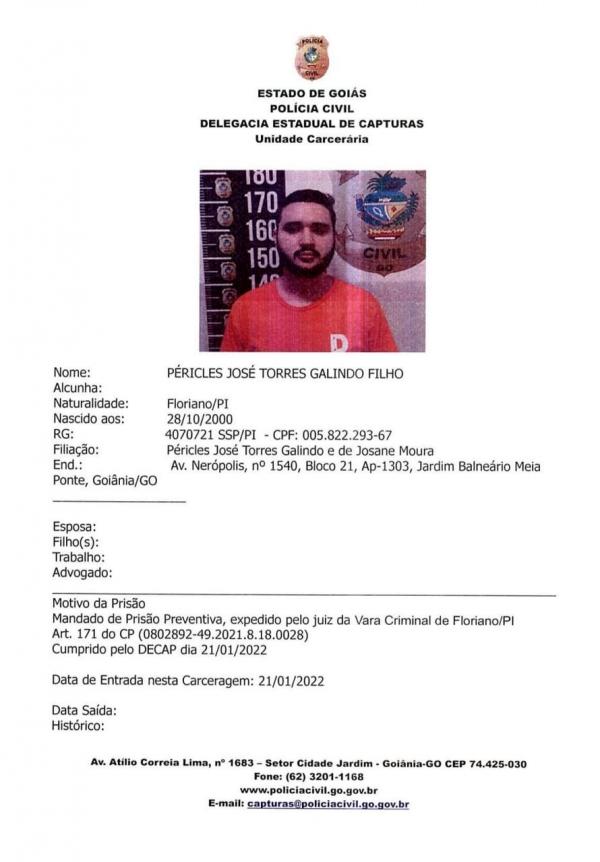 P&eacute;ricles Jos&eacute; foi preso no estado de Goi&aacute;s.(Imagem:Divulga&ccedil;&atilde;o)
