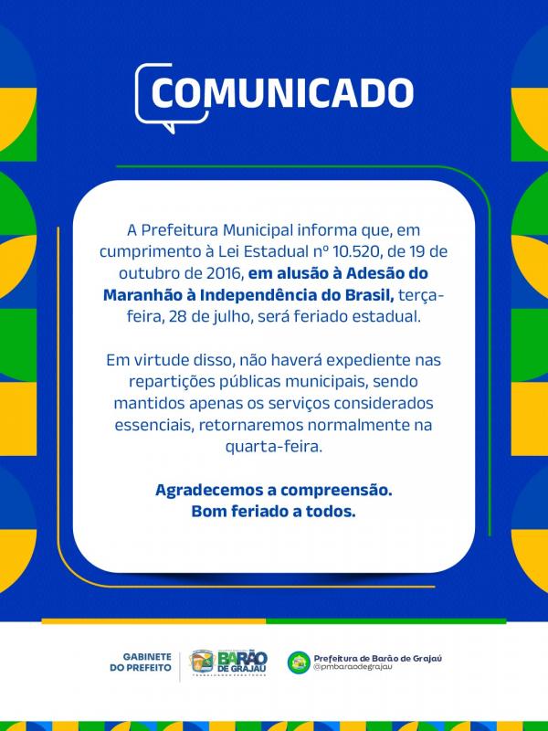 Feriado estadual altera funcionamento das repartições públicas em Barão de Grajaú nesta terça-feira