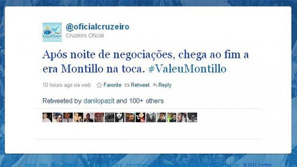 Twitter oficial do Cruzeiro foi invadido e colocou Montillo fora do clube mineiro.(Imagem:Reprodu&ccedil;&atilde;o / Twitter)
