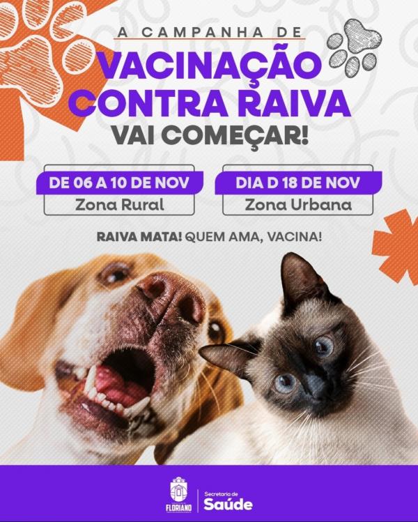 Campanha de vacinação contra raiva para cães e gatos de Floriano terá início na segunda-feira, dia 6
