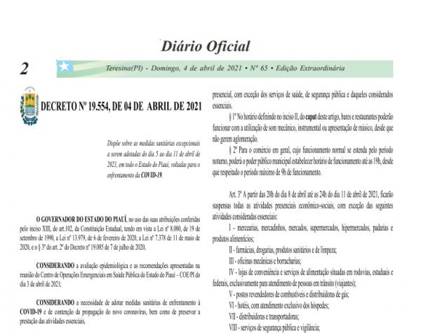 Floriano segue na íntegra, decreto estadual de combate ao coronavírus