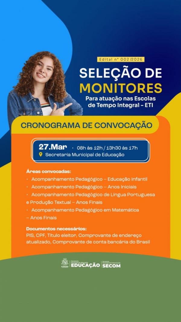 Prefeitura de Floriano divulga cronograma de comparecimento para monitores das ETI