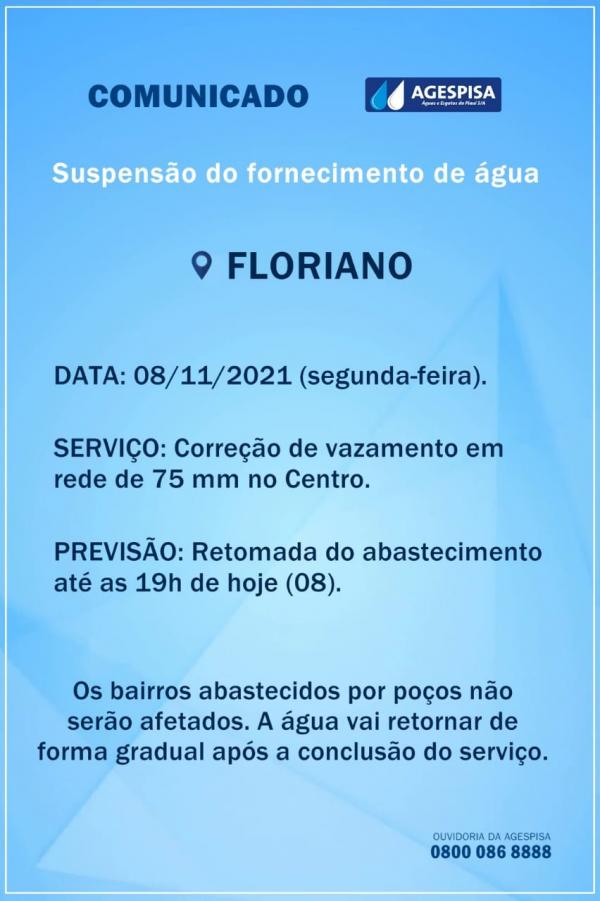 Agespisa de Floriano comunica suspens&atilde;o do fornecimento de &aacute;gua nesta segunda (08)(Imagem:Divulga&ccedil;&atilde;o)