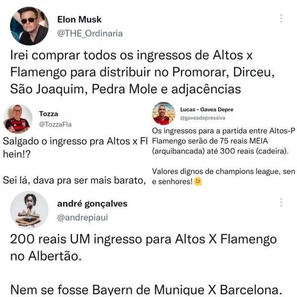  Torcedores comentam nas redes sociais os valores dos ingressos de Altos x Flamengo.(Imagem:Reprodu&ccedil;&atilde;o/Twitter )