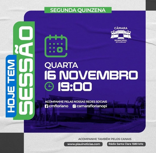 Sessões da segunda quinzena do mês de novembro têm início hoje na Câmara Municipal de Floriano
