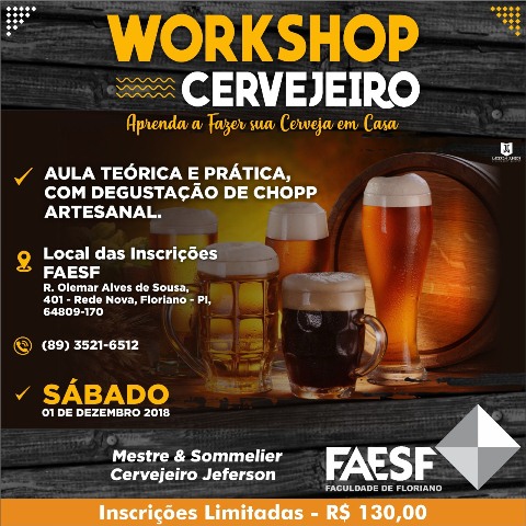 Workshop de Fabricação e Degustação de Cervejas acontece dia 01 de dezembro na FAESF
