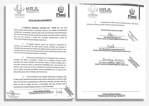 Nota do Hospital Regional Justino Luz(Imagem: Divulga&ccedil;&atilde;o/ Hospital Regional Justino Luz)