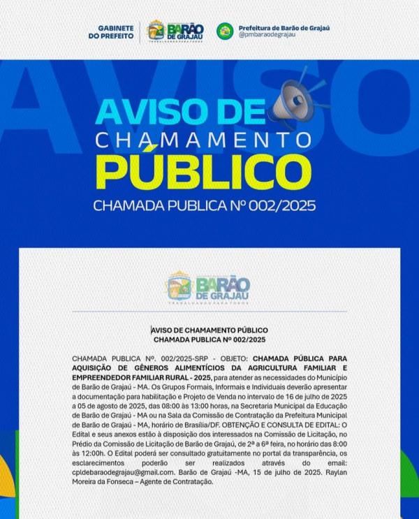 Prefeitura de Barão de Grajaú abre chamada pública para aquisição de gêneros alimentícios