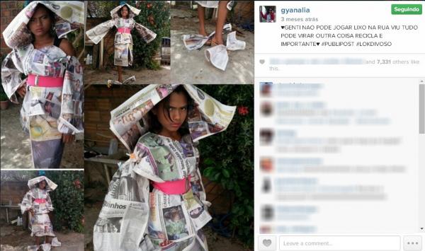 Gyanalia dando dicas de moda e reaproveitamento de produtos reciclaveis.(Imagem: Gyanalia/ArquivoPessoal)