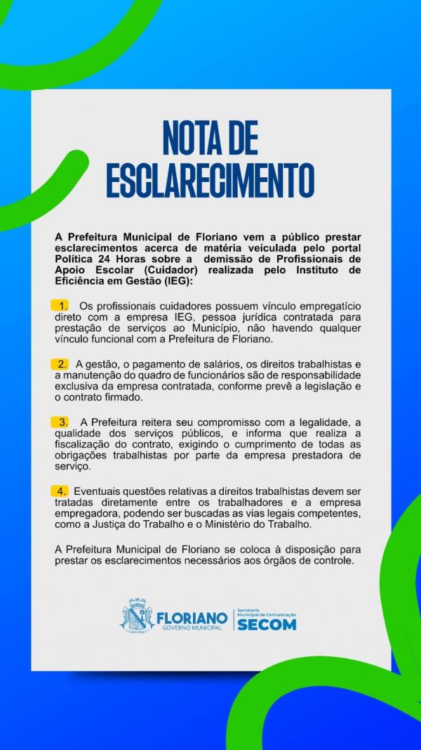 Prefeitura de Floriano esclarece que cuidadores demitidos são vinculados à empresa terceirizada IEG.(Imagem:Secom)