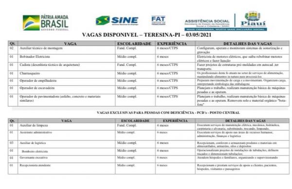 Sistema Nacional de Emprego do Piau&iacute; (Sine-PI) oferta vagas de emprego em Teresina.(Imagem:Reprodu&ccedil;&atilde;o/Sine)
