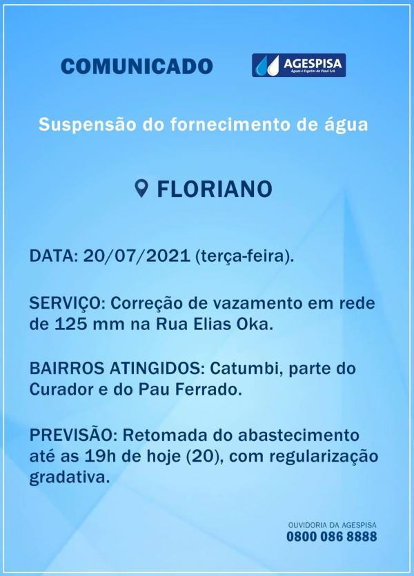Agespisa de Floriano interrompe o abastecimento de água nesta terça (20)