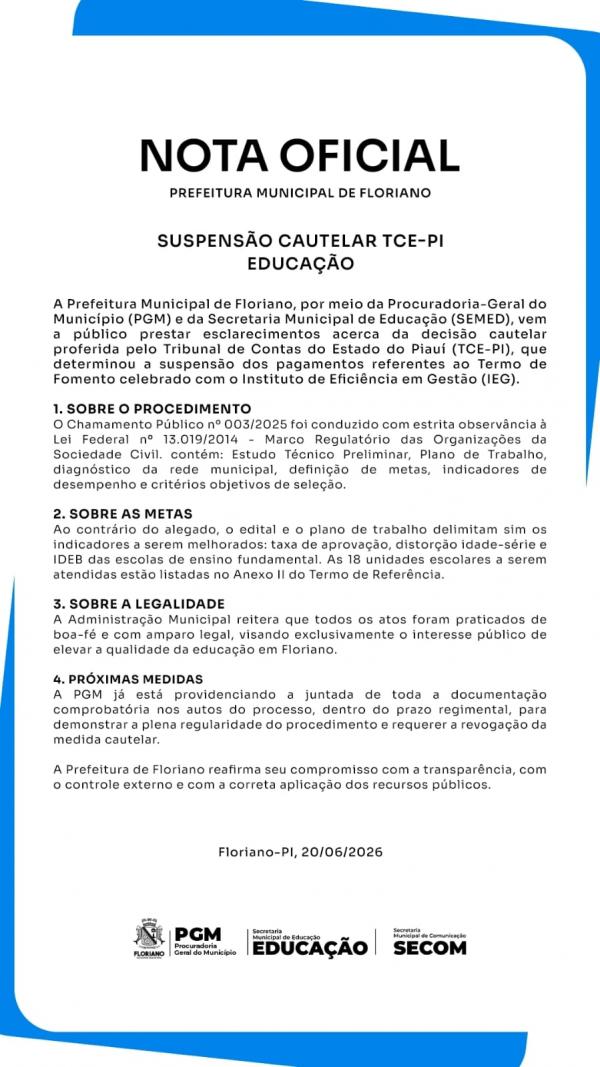 Prefeitura de Floriano esclarece decis&atilde;o cautelar do TCE-PI sobre termo de fomento na Educa&ccedil;&atilde;o.(Imagem:Secom)