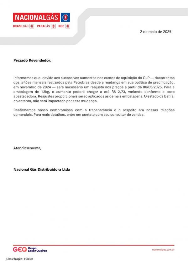 Nota da Nacional G&aacute;s Distribuidora(Imagem:Reprodu&ccedil;&atilde;o)