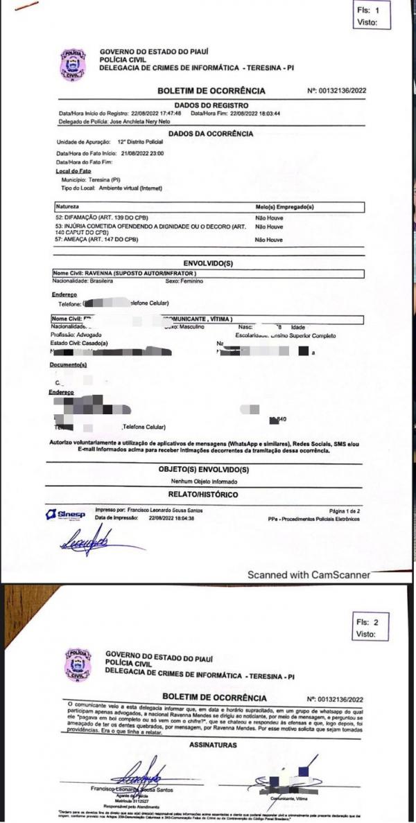 B.O. registrado pelo advogado.(Imagem:Reprodu&ccedil;&atilde;o)
