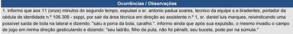 &Aacute;rbitro relata xingamento de atleta ap&oacute;s expuls&atilde;o de campo.(Imagem:Divulga&ccedil;&atilde;o)