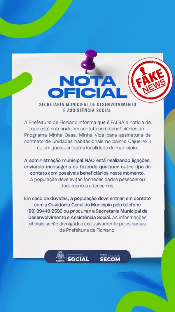 Prefeitura de Floriano alerta para golpe envolvendo programa Minha Casa Minha Vida