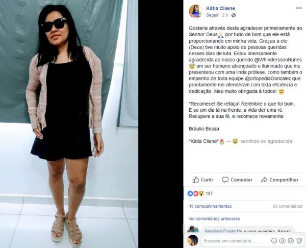 K&aacute;tia Cilene agradeceu youtuber pela pr&oacute;tese em postagem na rede social.(Imagem:Reprodu&ccedil;&atilde;o/Facebook)