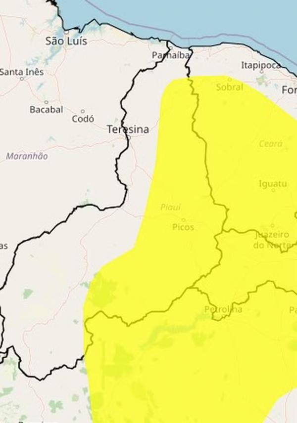 Alerta amarelo atinge mais de 100 munic&iacute;pios no Piau&iacute;.(Imagem: Inmet)