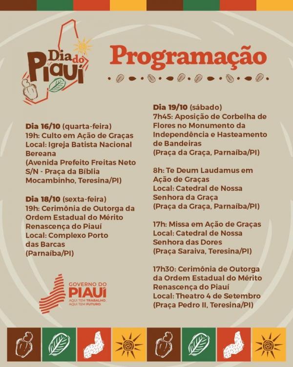 Programação em alusão ao Dia do Piauí será realizada em Teresina e Parnaíba nos dias 16, 18 e 19/10