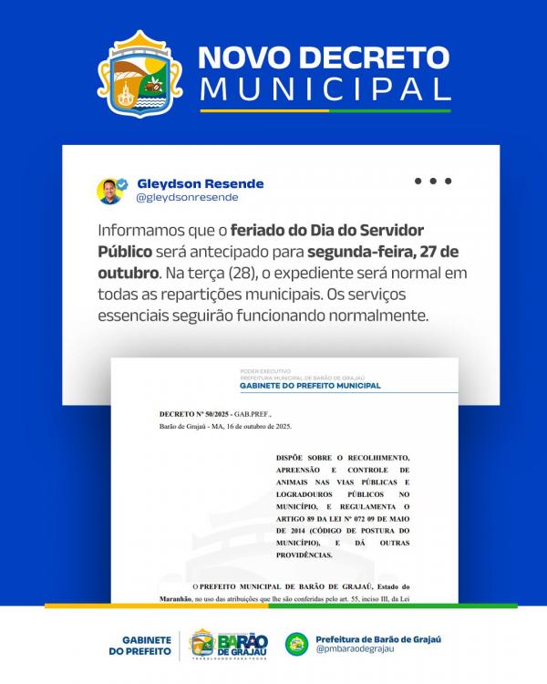 Prefeitura de Barão de Grajaú antecipa feriado do Dia do Servidor Público para segunda-feira (27)