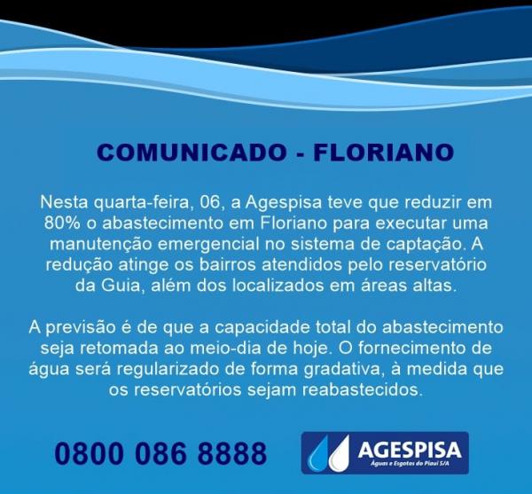 Agespisa reduz abastecimento em Floriano para executar manutenção emergencial