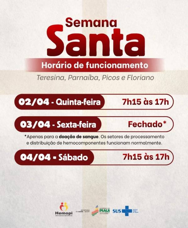 Semana Santa: Hemopi divulga horários de funcionamento e incentiva doação de sangue