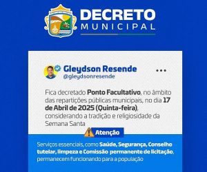 Prefeitura de Barão de Grajaú decreta ponto facultativo no dia 17 de abril em razão da Semana Santa