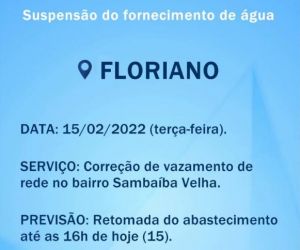 Agespisa informa suspensão do fornecimento de água nesta terça (15) em Floriano
