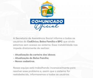 Secretaria de Assistência Social comunica instabilidade no Sistema CadÚnico em Barão de Grajaú