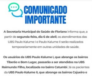 Atendimentos das UBS Paulo Kalume I e II serão transferidos temporariamente em Floriano