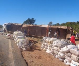 Carreta carregada de milho tomba na BR 230, em Barão de Grajaú