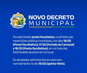 Prefeitura de Barão de Grajaú decreta ponto facultativo durante o Carnaval