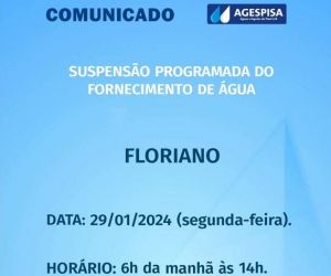Agespisa anuncia suspensão programada de água em Floriano nesta segunda-feira (29)