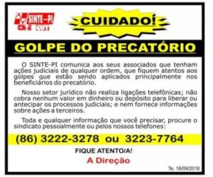 Sinte Regional de Floriano alerta servidores sobre golpe do precatório