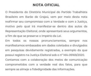 PTB de Barão de Grajaú emite Nota Oficial referente ao registro de pesquisa eleitoral