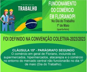 Comércio de Floriano não funcionará no feriado do Dia do Trabalhador