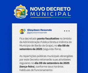 Prefeitura de Barão de Grajaú decreta ponto facultativo no dia 8 de setembro