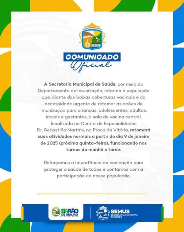 Sala de vacina central retoma atividades no Centro de Especialidades em Barão de Grajaú