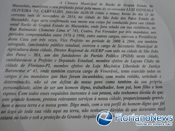 C&acirc;mara de Bar&atilde;o de Graja&uacute; faz Mo&ccedil;&atilde;o de Pesar aos familiares de Gonzaga Carvalho.(Imagem:FlorianoNews)