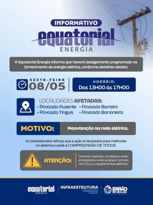 Equatorial Energia realizará desligamento programado em localidades rurais de Barão de Grajaú