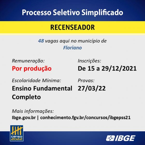 Confira as vagas do Processo Seletivo do IBGE para Floriano(Imagem:Divulga&ccedil;&atilde;o)