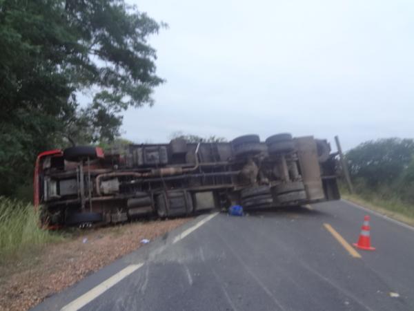 Caminhoneiro tenta desviar de animais na pista e capota caminh&atilde;o.(Imagem:FlorianoNews)