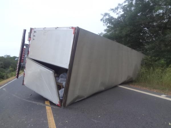 Caminhoneiro tenta desviar de animais na pista e capota caminh&atilde;o.(Imagem:FlorianoNews)