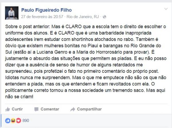 Paulo fez nova postagem explicando que texto que citou mulheres do PIau era uma brincadeira.(Imagem:Reprodu&ccedil;&atilde;o/TV Clube)