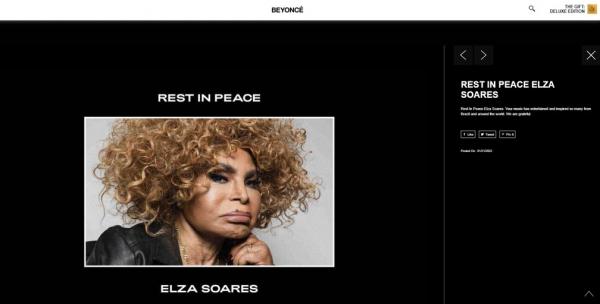 Beyoncé presta homenagem a Elza Soares em site oficial
